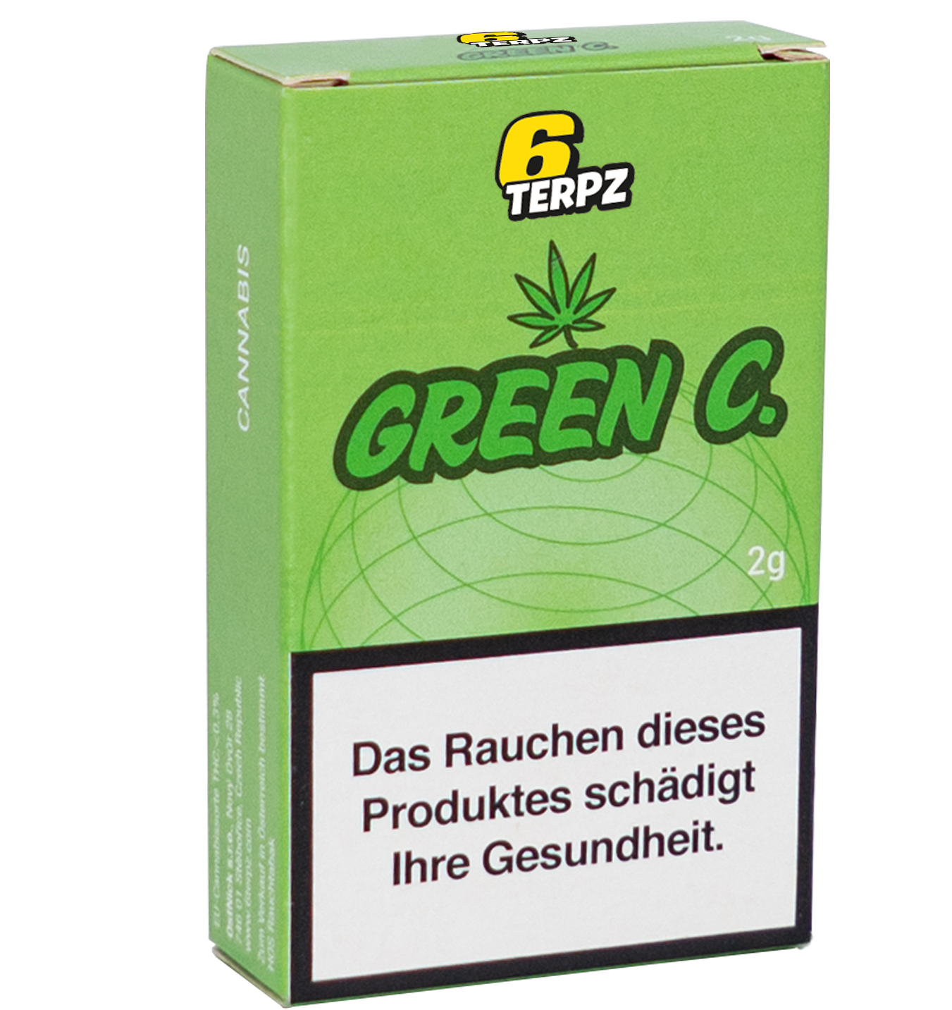 Verpackung des Cannabisprodukts Green Z. von 6 Terpz mit Gesundheitswarnung