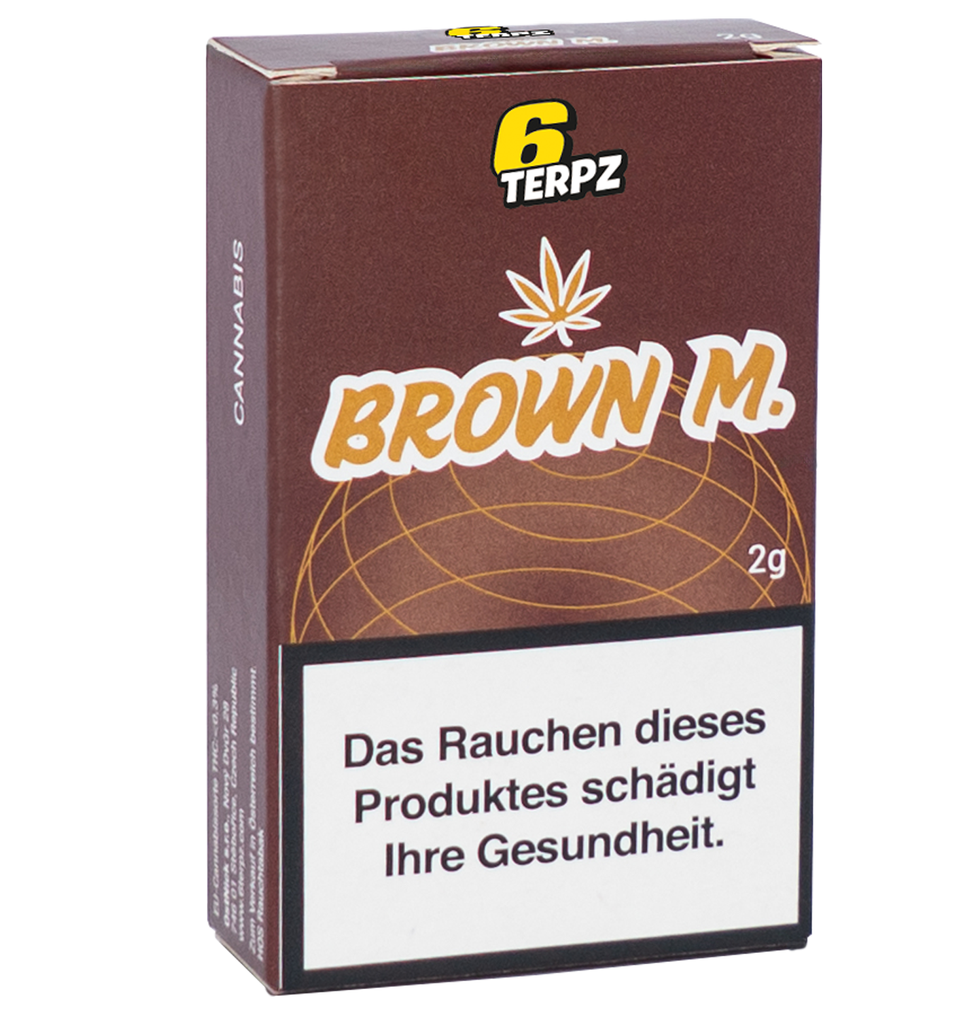 Verpackung des Cannabisprodukts Brown M. von 6 Terpz mit Gesundheitswarnung